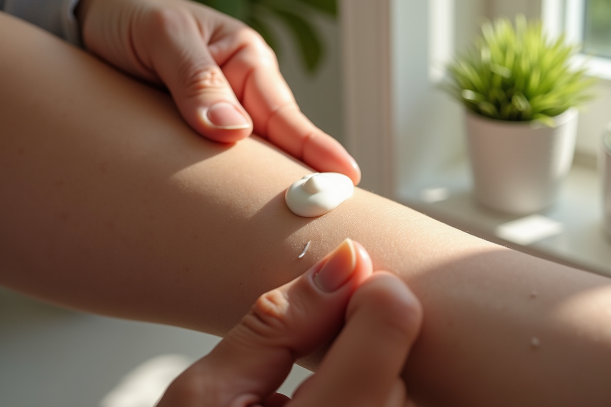 Mains appliquant une creme sur un avant bras avec cicatrice