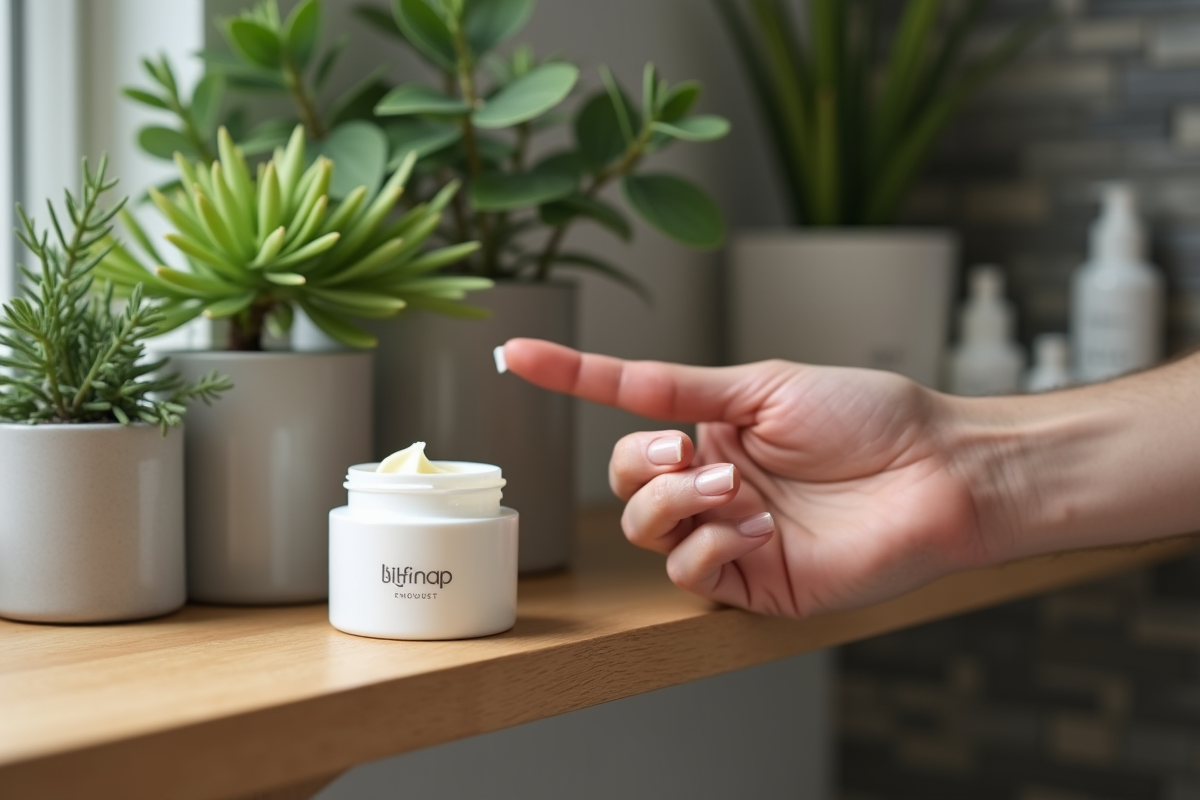 Main appliquant une crème visage sur le doigt