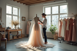 Créateur de mode ajustant une robe haute couture dans un atelier lumineux