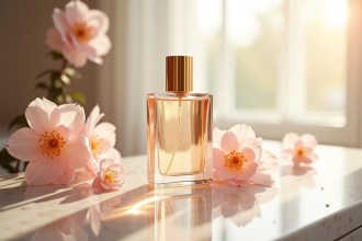 Bouteille de parfum luxe avec capot doré sur marbre