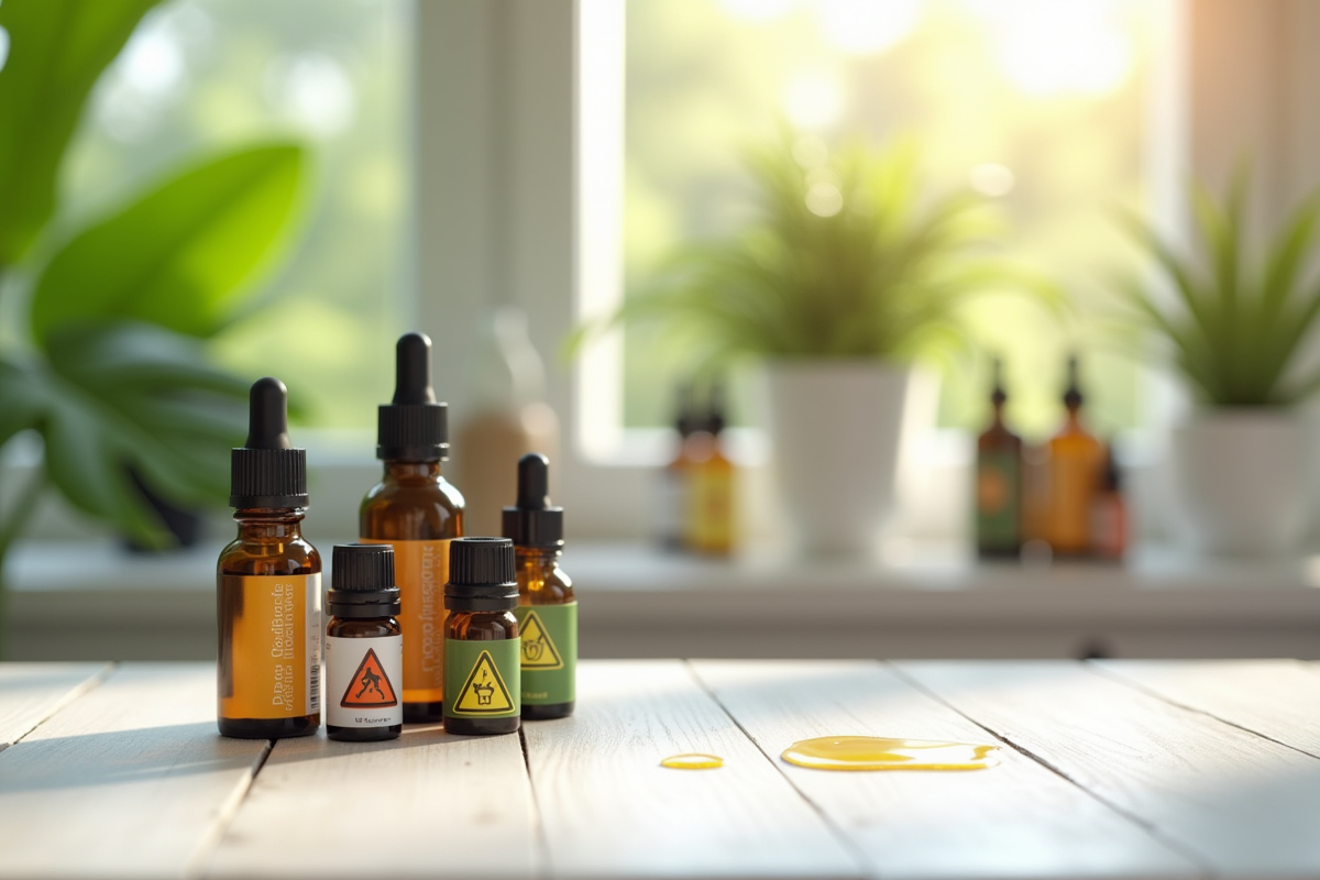 Assortiment de bouteilles d huiles essentielles sur une table en bois blanc