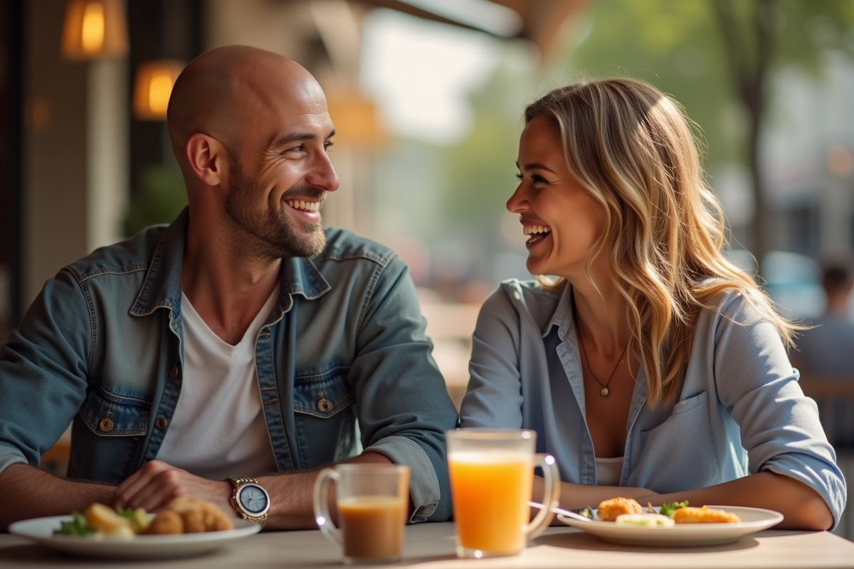 Homme chauve souriant et femme au café en plein air