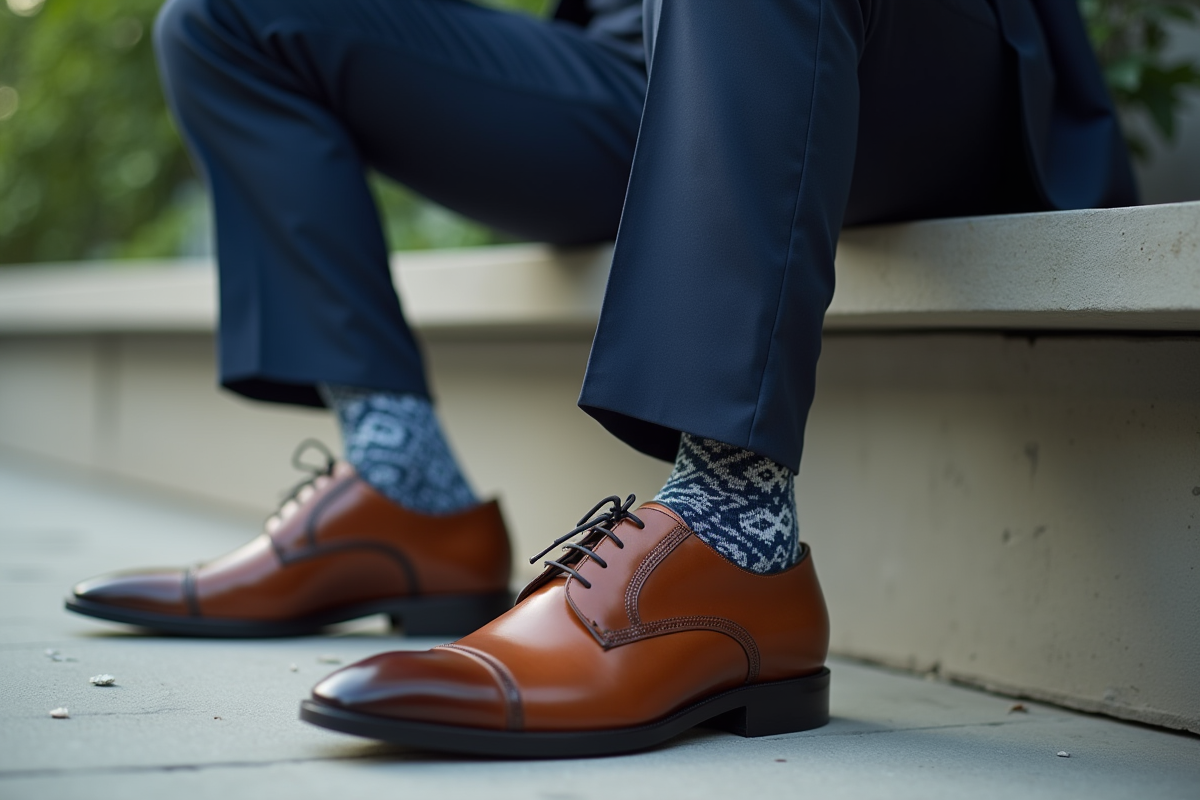 Gros plan sur des chaussettes colorées entre pantalon et chaussures