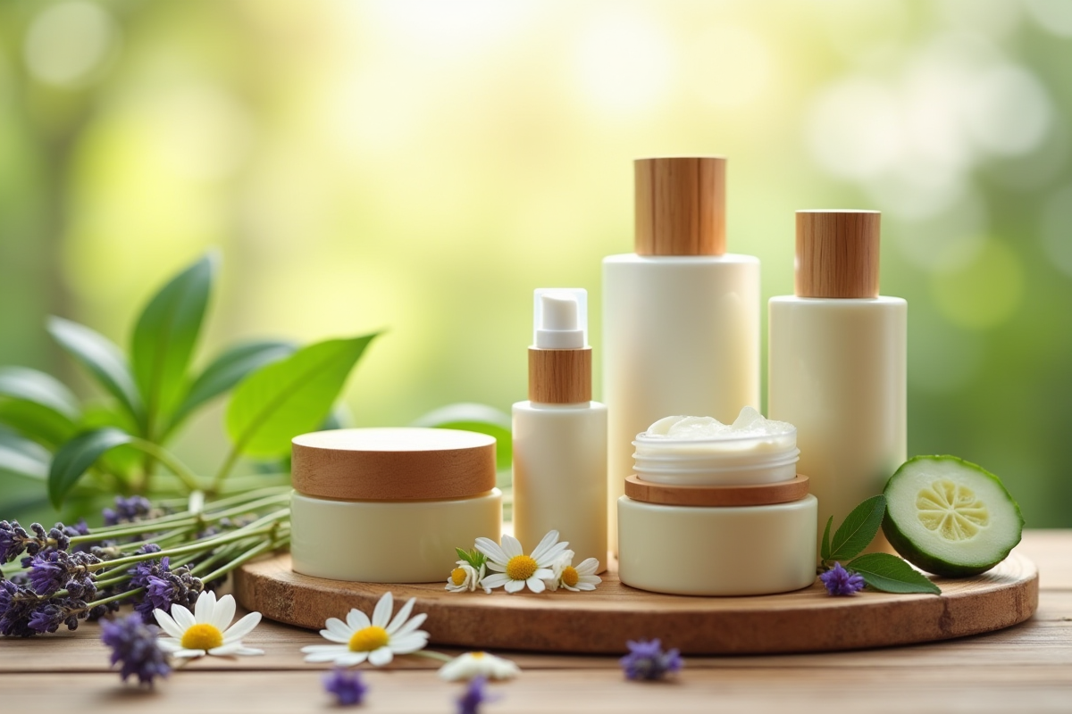 Assortiment de cosmétiques bio en contenants bambou avec plantes