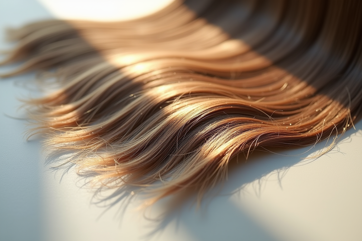 Gros plan sur des mèches de cheveux fraîchement coupées sur le sol du salon