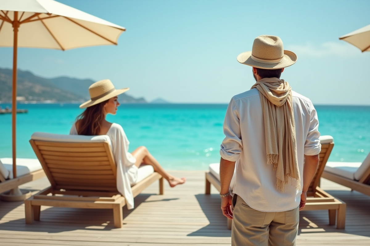 Couple chic détendu sur une terrasse de plage en vacances