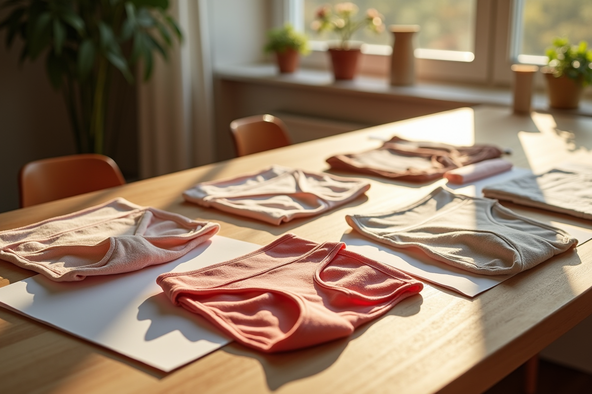 Variété de sous-vêtements adaptés au ventre sur table en bois