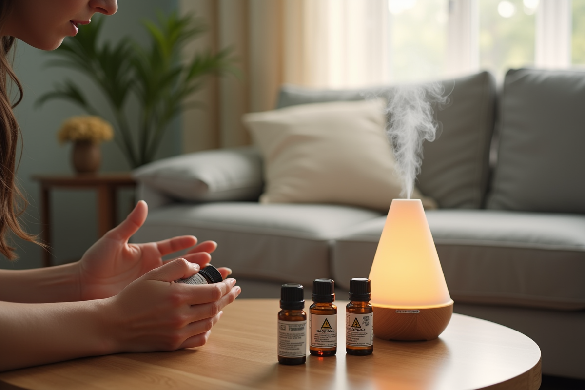 Diffuseur d huiles essentielles en salon avec main inquiète à proximité