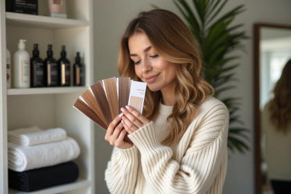 Femme examinant des &eacute;chantillons de couleur de cheveux