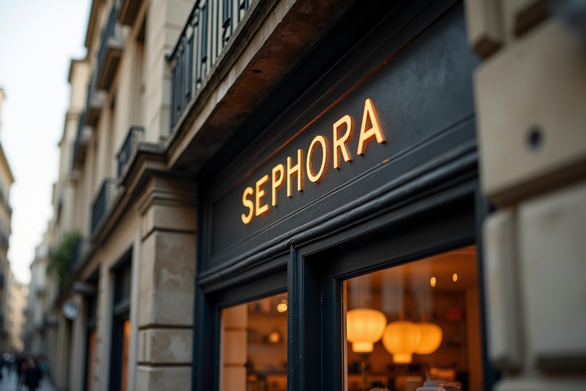 Ancienne enseigne noire et blanche Sephora au charme parisien avec façade en pierre
