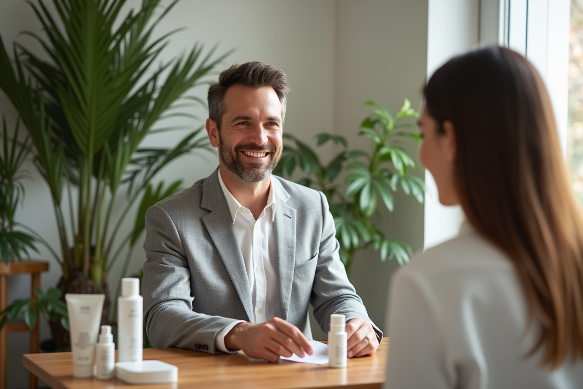 Expert en soins visage homme présentant produits skincare