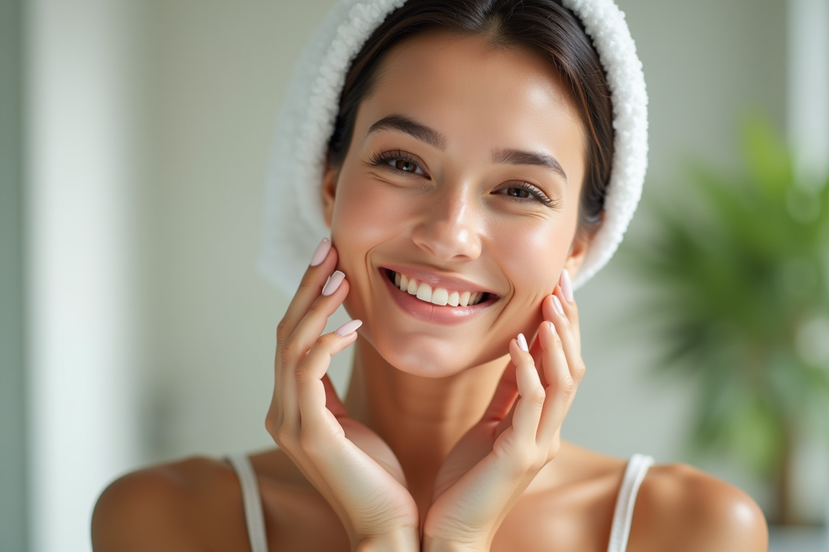 Femme souriante applique creme hydratante sur la joue