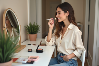 Jeune femme appliquant du blush dans un intérieur parisien