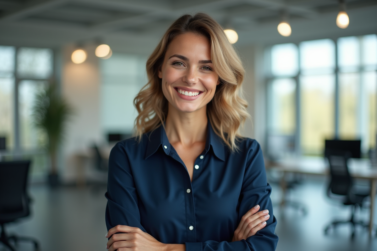 Femme souriante au bureau avec blouse bleue propre