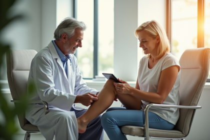 Femme assise en consultation médicale pour varices