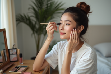 Femme appliquant contour makeup sur son visage