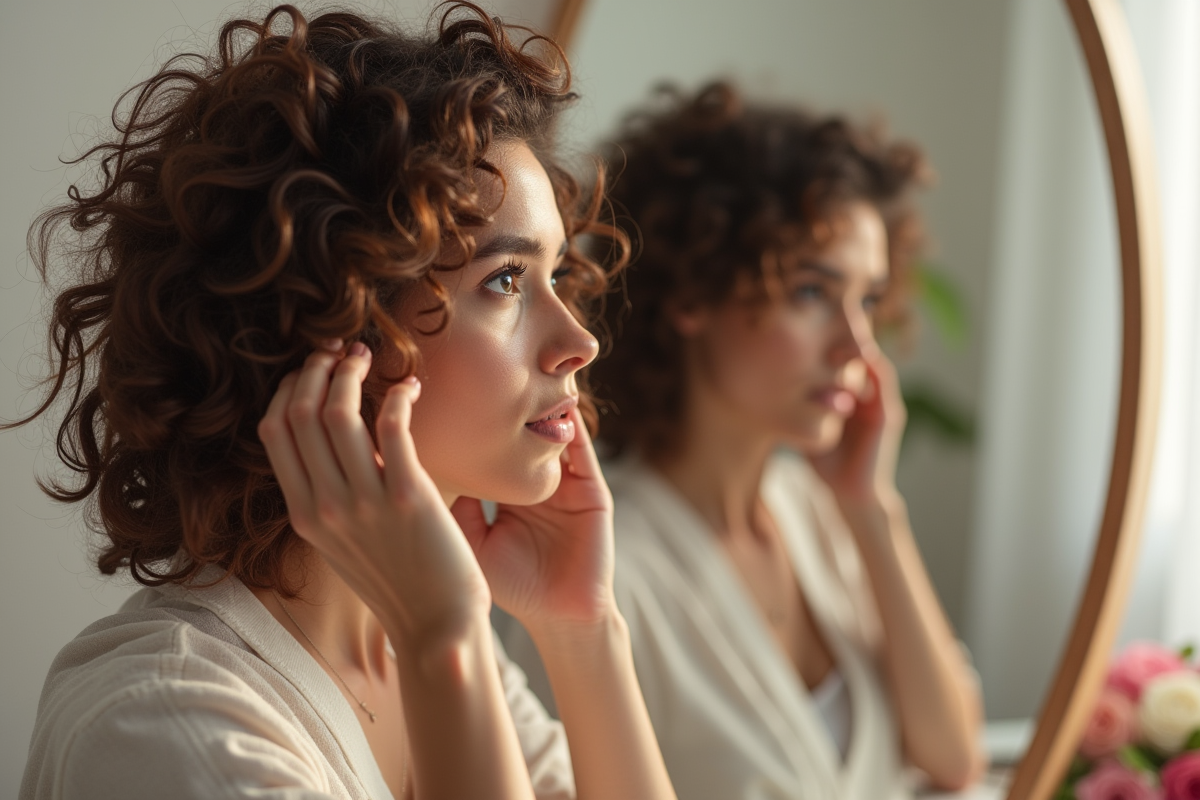 Femme aux cheveux bouclés se coiffant à la table