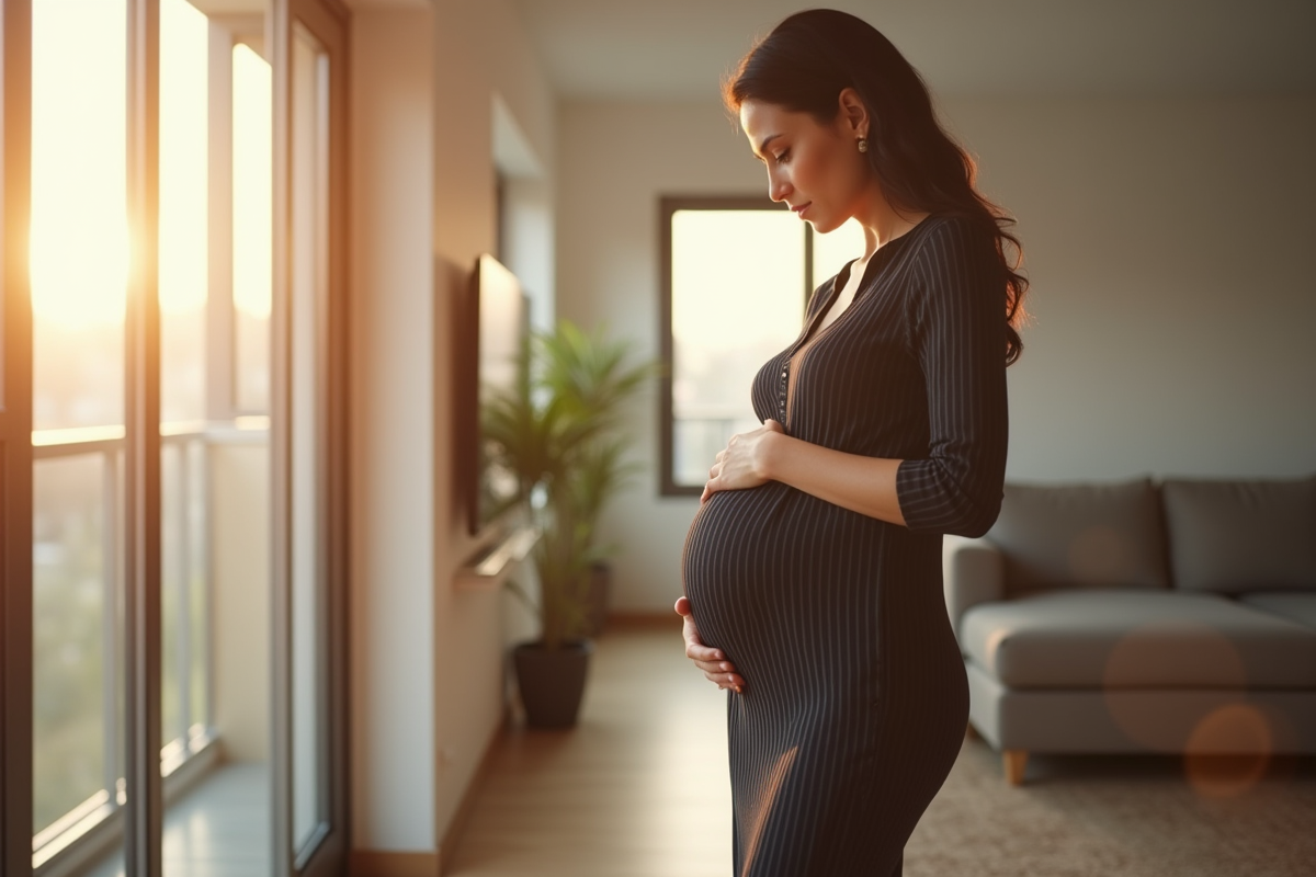 Femme enceinte dans un salon lumineux en robe noire