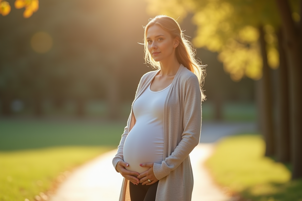 Femme enceinte marchant dans un parc en cardigan léger