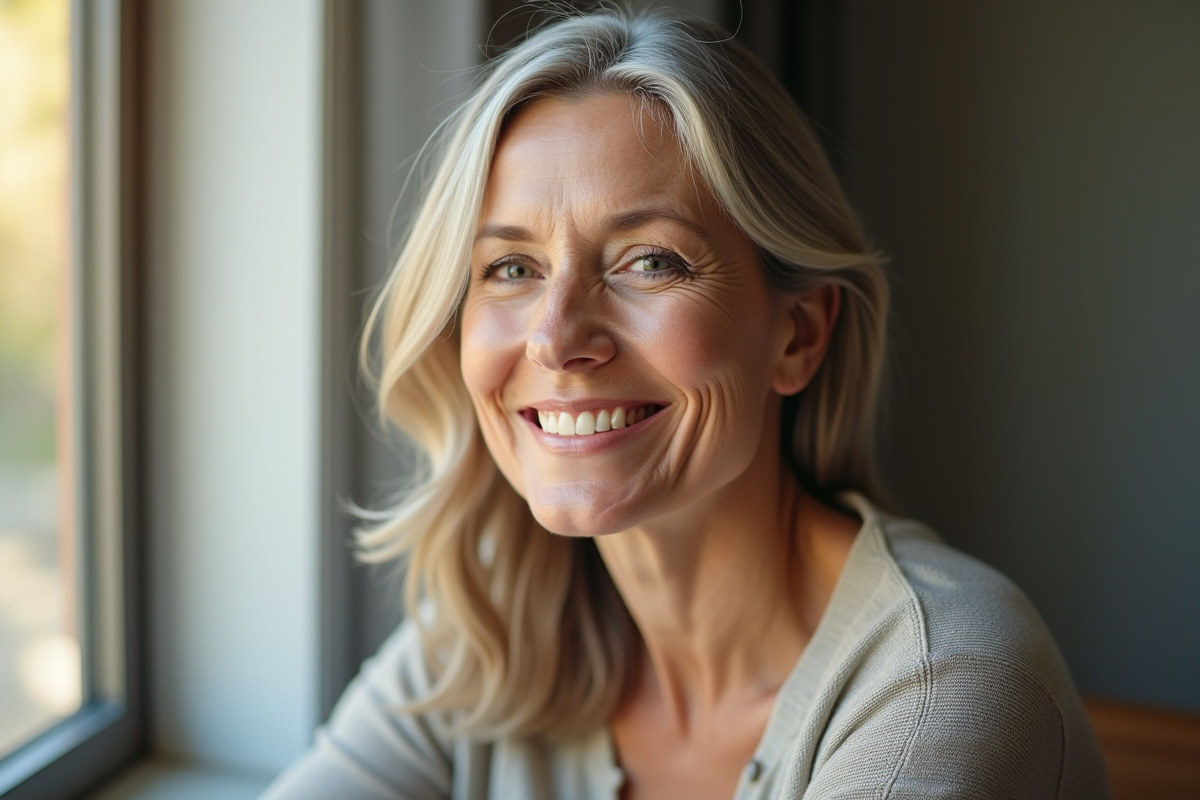 Femme d'âge moyen souriante et naturelle à la lumière douce