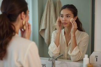 Jeune femme appliquant du fond de teint dans sa salle de bain