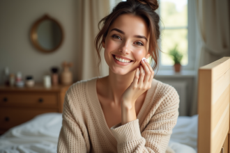 Femme souriante appliquant fond de teint visage naturel