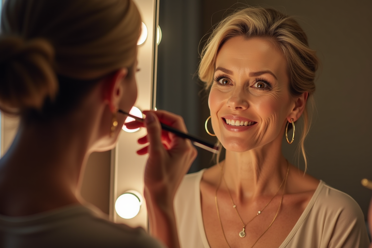 Femme confiante appliquant du maquillage devant un miroir