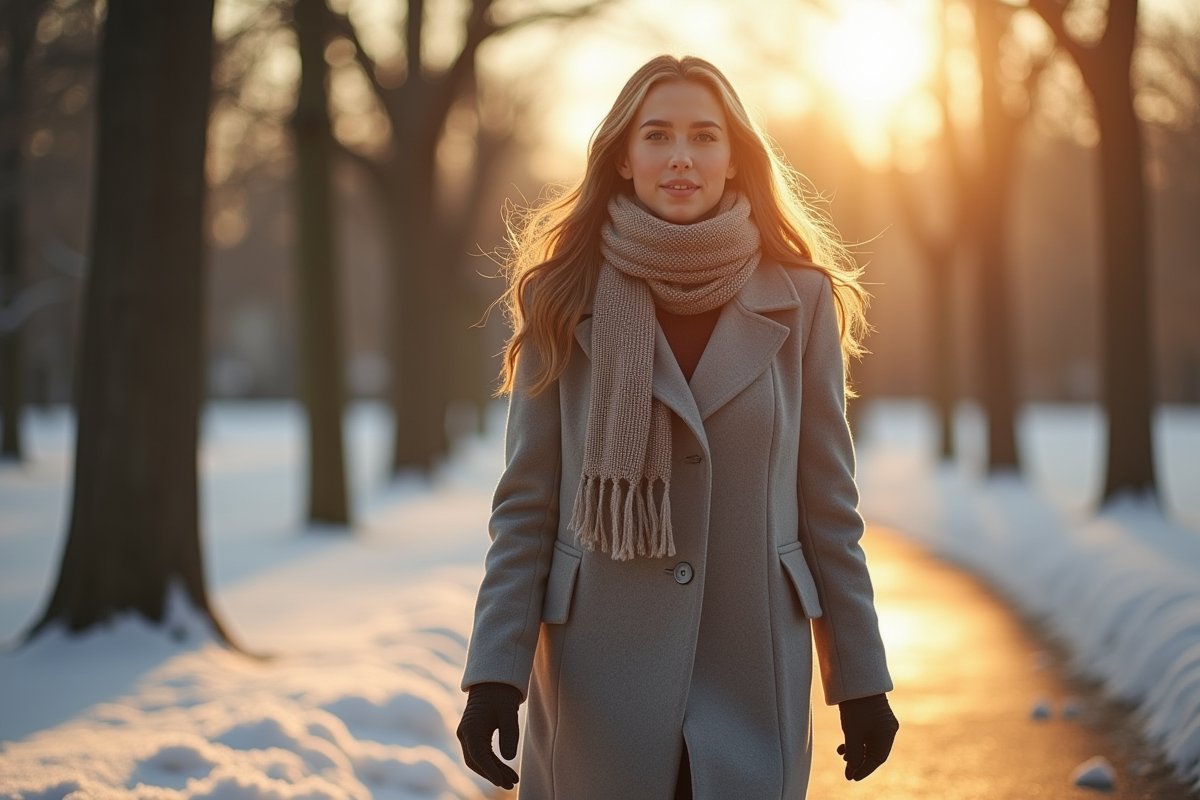 Femme marchant dans un parc en hiver avec manteau chaud