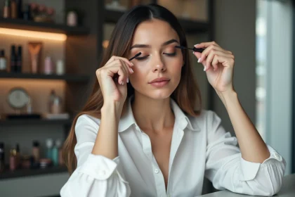 Jeune femme appliquant du mascara dans son vanity