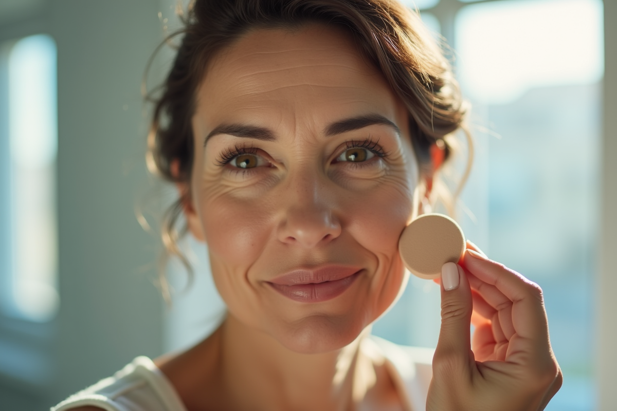 Femme mature appliquant fond de teint devant une grande fenêtre