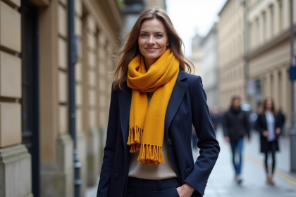 Femme &eacute;l&eacute;gante en manteau bleu marine et &eacute;charpe moutarde en ville
