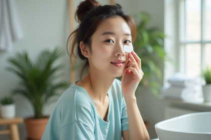 Jeune femme appliquant un strip sur le nez pour l'acné