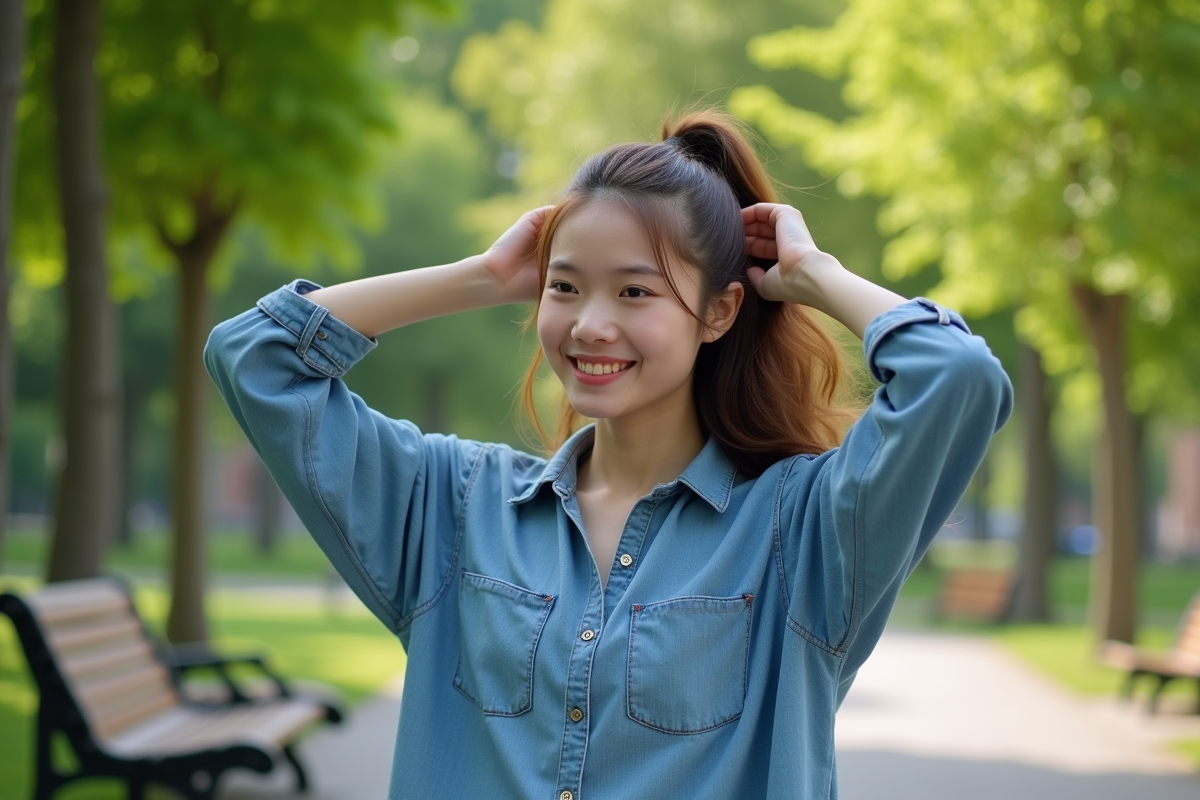 Jeune femme en jean attachant ses cheveux dans un parc