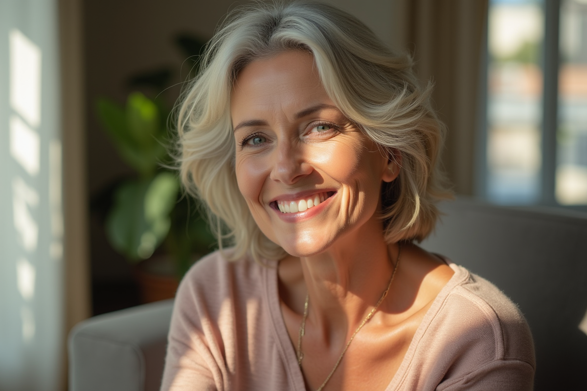 Femme souriante de cinquante ans à la peau éclatante