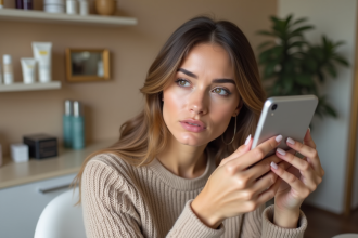 Femme regardant son reflet en salon de beauté