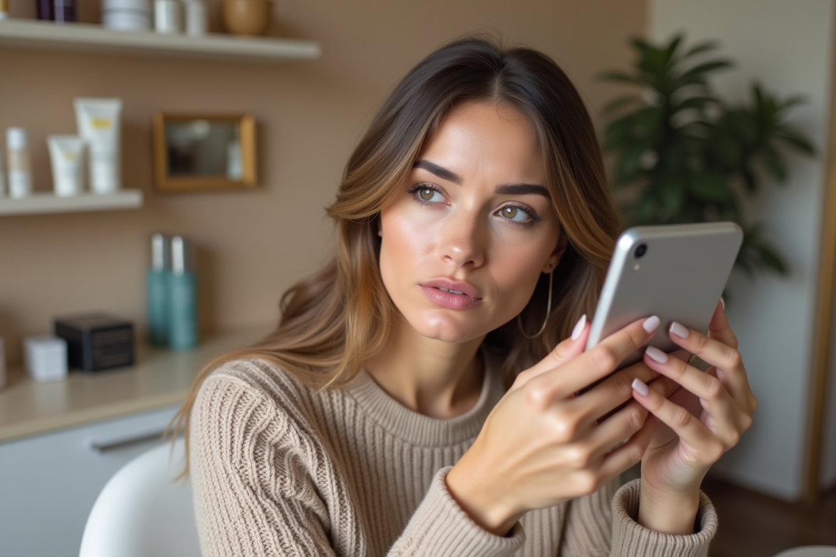 Femme regardant son reflet en salon de beauté