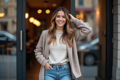 Femme souriante sortant d un salon de coiffure urbain