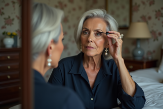 Femme senior appliquant mascara dans sa chambre élégante