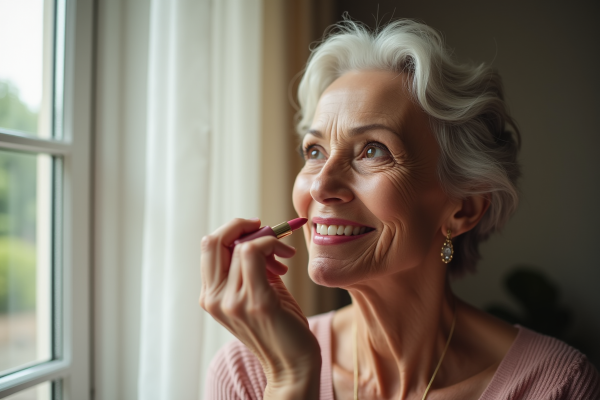 Femme senior appliquant rouge à lèvres rose devant une fenêtre