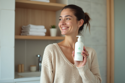 Femme souriante tenant un shampooing dans un intérieur moderne