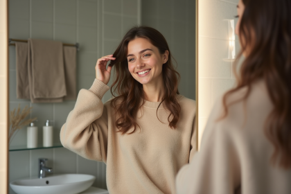 Femme en peignoir beige se coiffant devant miroir