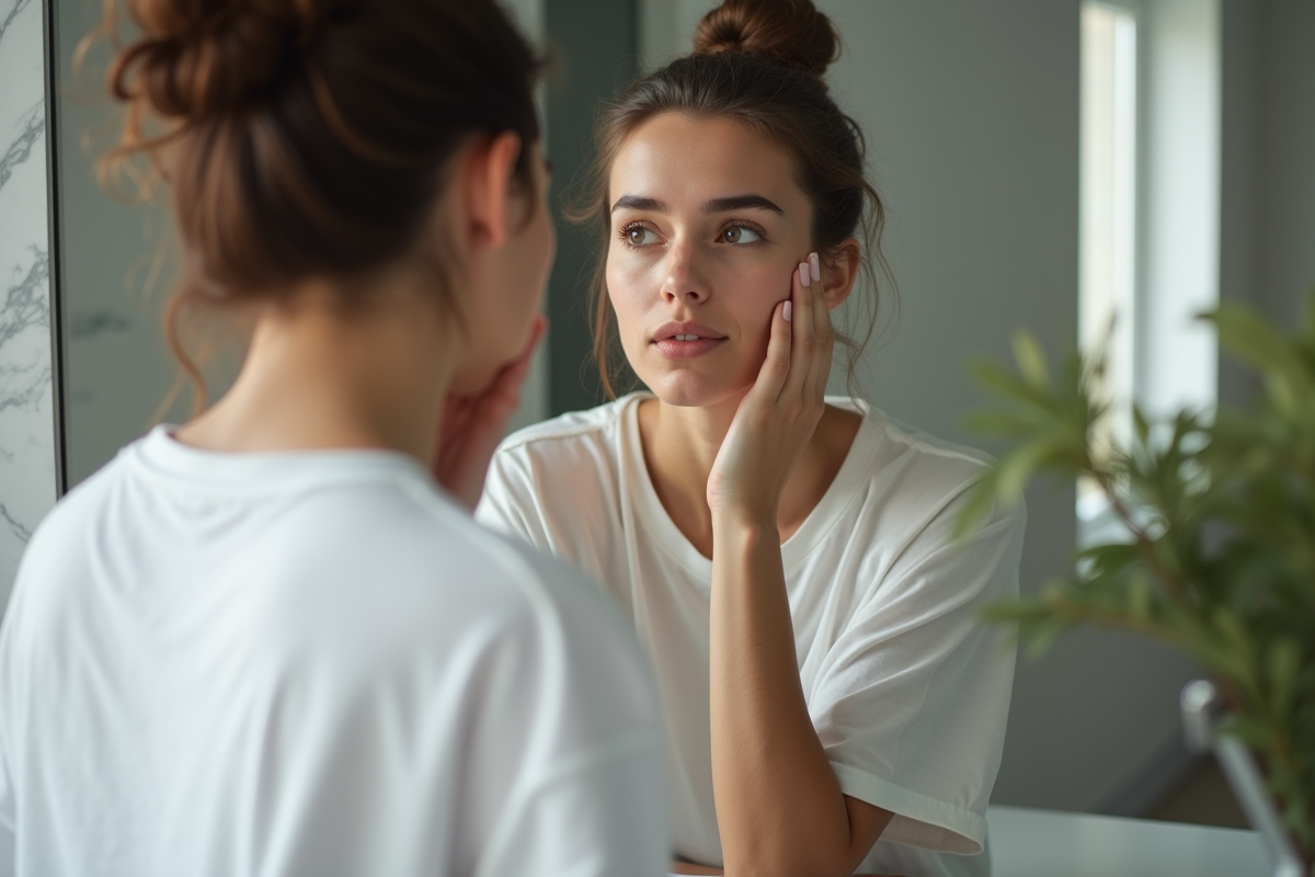 Femme regardant sa peau dans un miroir moderne