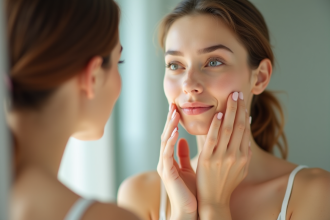 Femme touchant son visage lisse dans un miroir lumineux