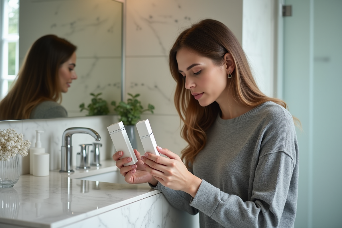 Femme lisant la liste d'ingrédients d'une crème visage