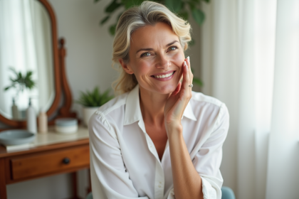 Femme confiante appliquant crème anti-ride visage