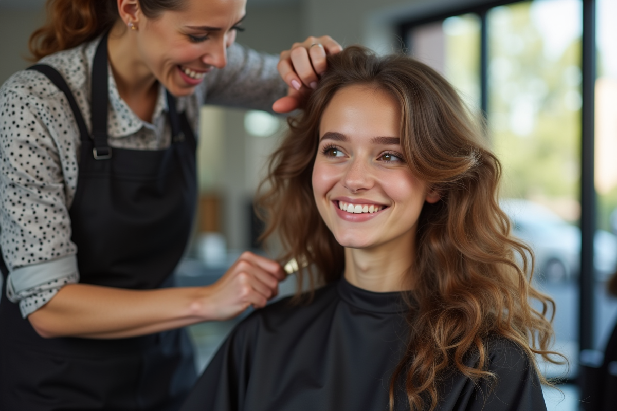 Jeune femme souriante avec cheveux volumineux dans un salon de coiffure