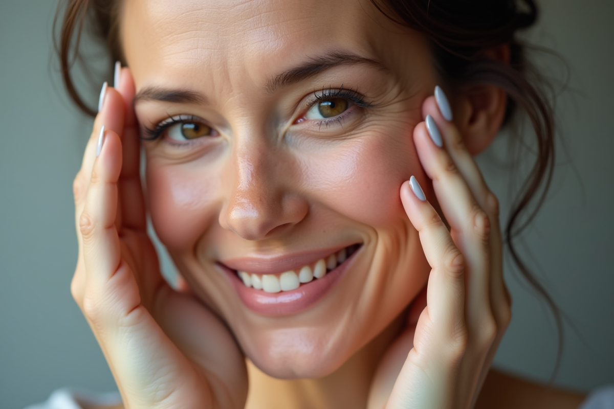 Femme d'âge moyen souriante touchant son visage jeune