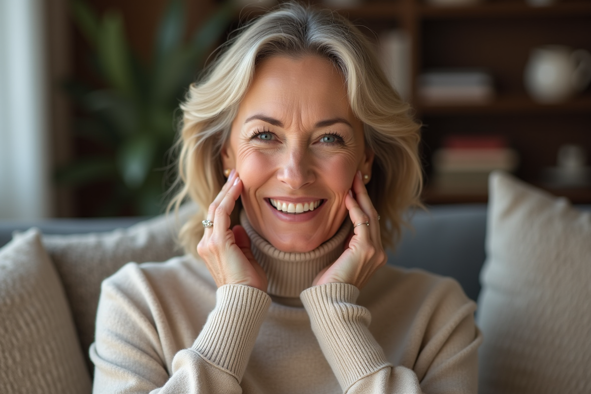 Femme confiante en turtleneck beige dans un salon cosy