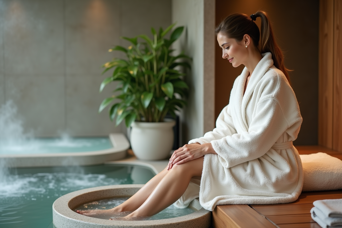 Femme en peignoir blanc dans un spa moderne relaxant