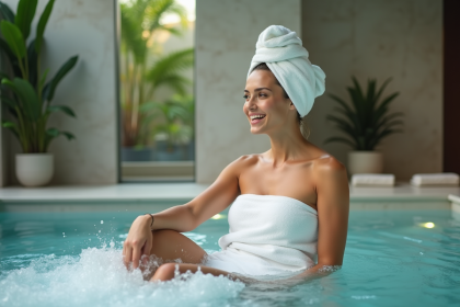 Femme d&eacute;tendue dans un spa int&eacute;rieur avec jets d'eau